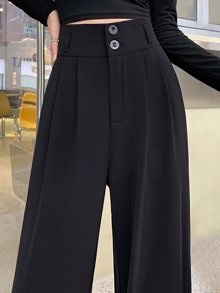 黒パンツ ハイウエスト二釦ワイドパンツ