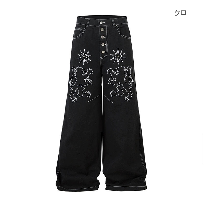 黒パンツ 刺繍入り黒デニムワイドパンツ男女兼用春秋新作