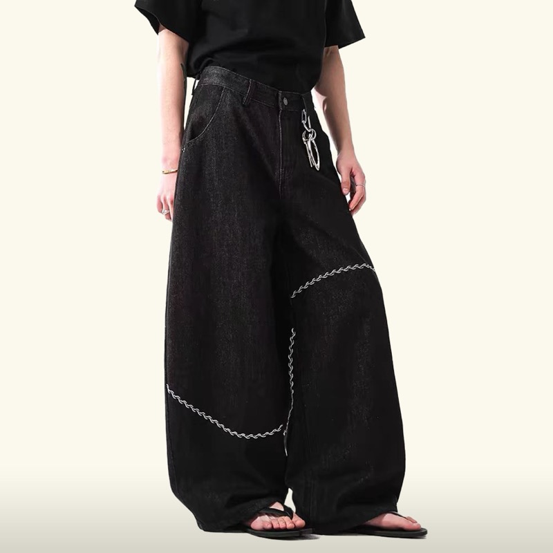 黒パンツ 刺繍入り黒デニム ワイドパンツ メンズ