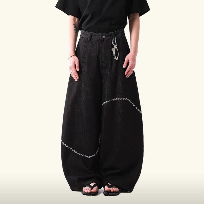 黒パンツ 刺繍入り黒デニム ワイドパンツ メンズ