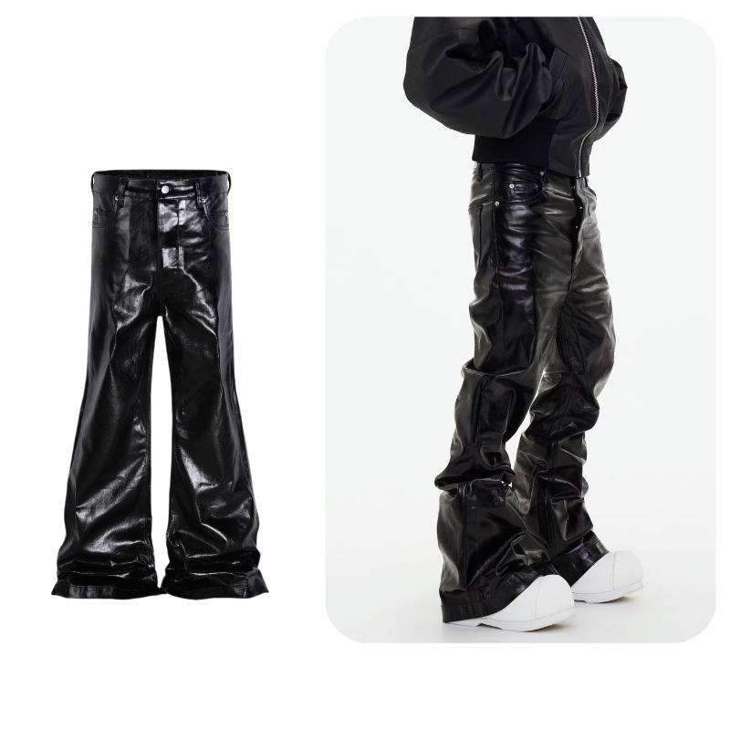 黒パンツ 男女兼用 ワーク風 黒レザー調 ベルボトム パンツ