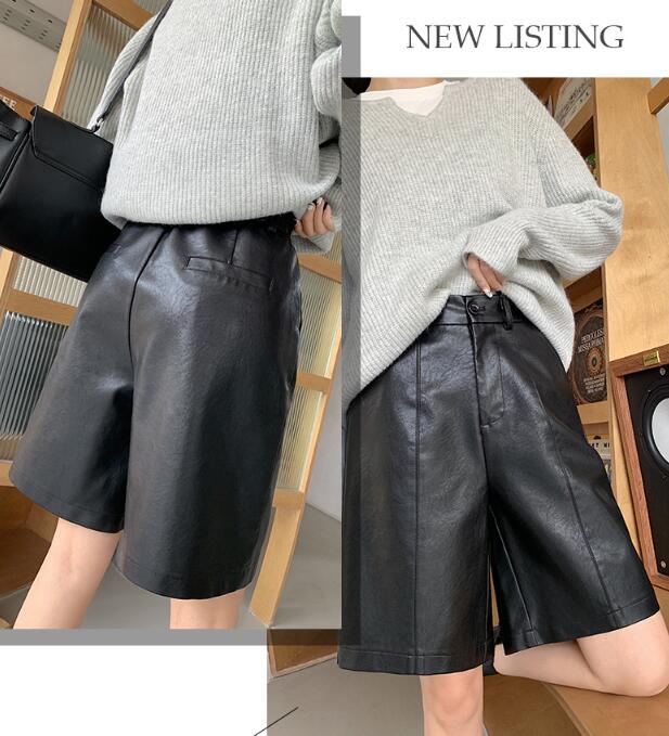 黒パンツ 秋冬新作黒レザーショートパンツ