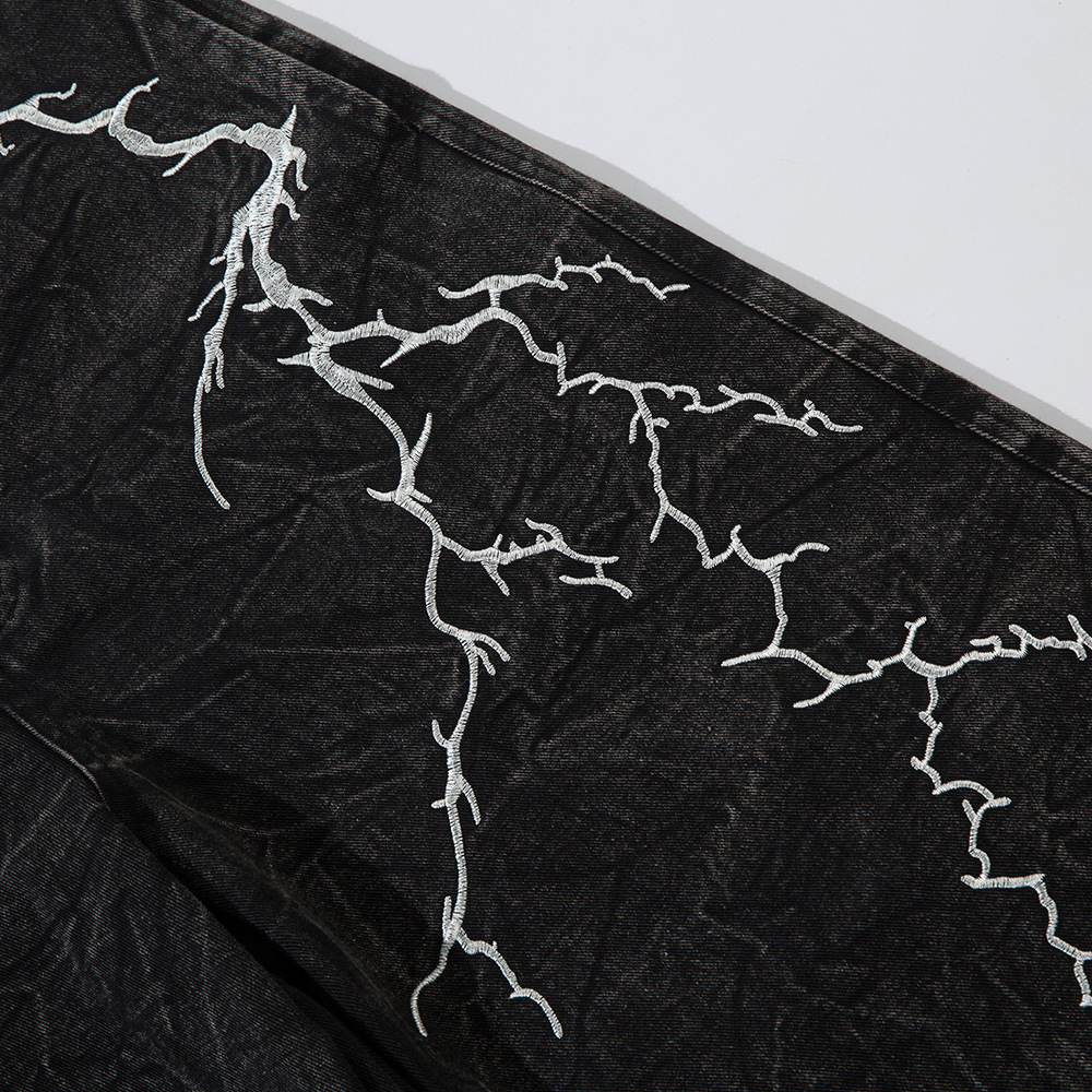 黒パンツ 雷刺繍入り黒デニムワイドパンツ男女兼用ベルボトム