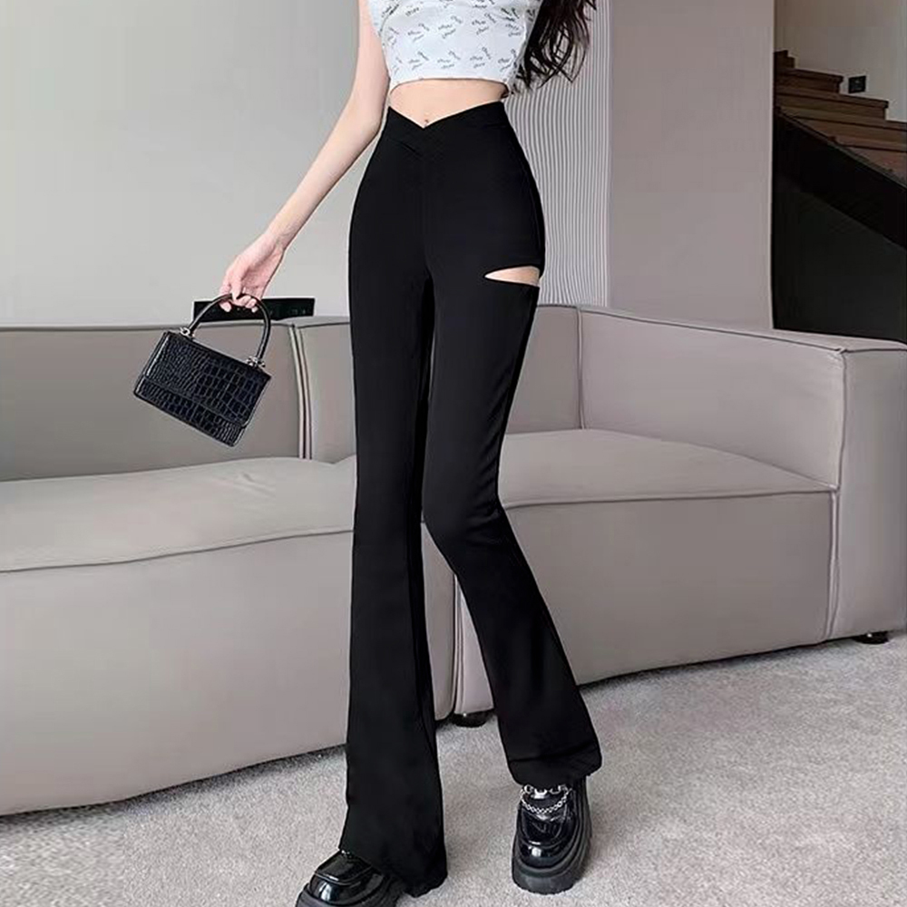 黒パンツ ダメージ加工フレアパンツ黒レディース美脚韓国風