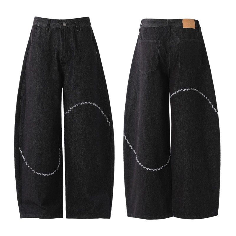 黒パンツ 刺繍入り黒デニム ワイドパンツ メンズ