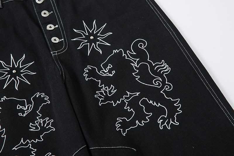 黒パンツ 刺繍入り黒デニムワイドパンツ男女兼用春秋新作