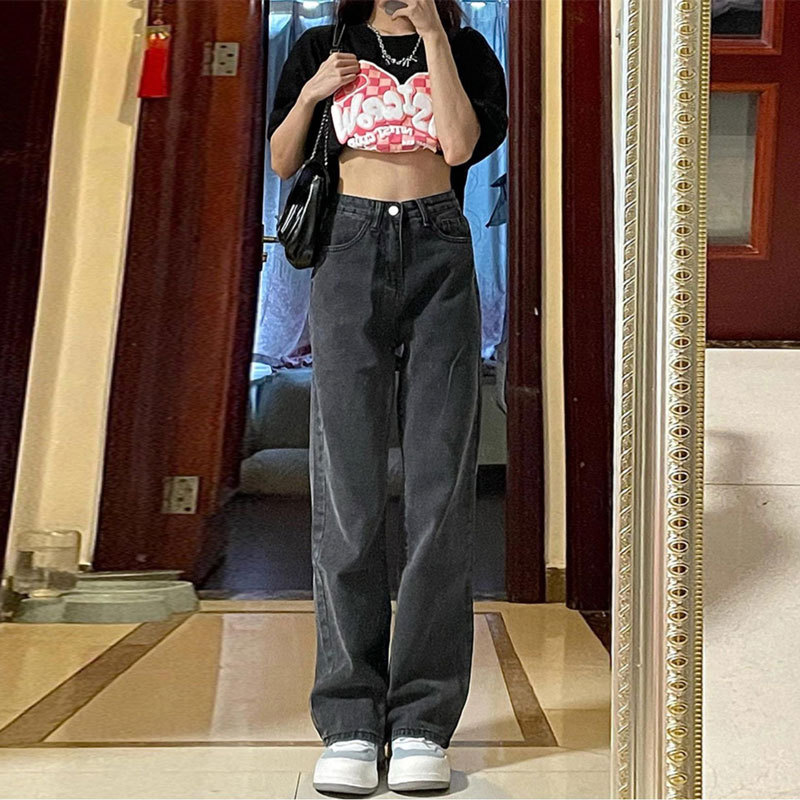 黒パンツ 古着風ゆったりストレートデニム