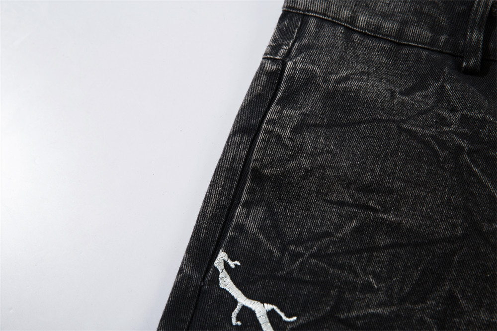 黒パンツ 雷刺繍入り黒デニムワイドパンツ男女兼用ベルボトム