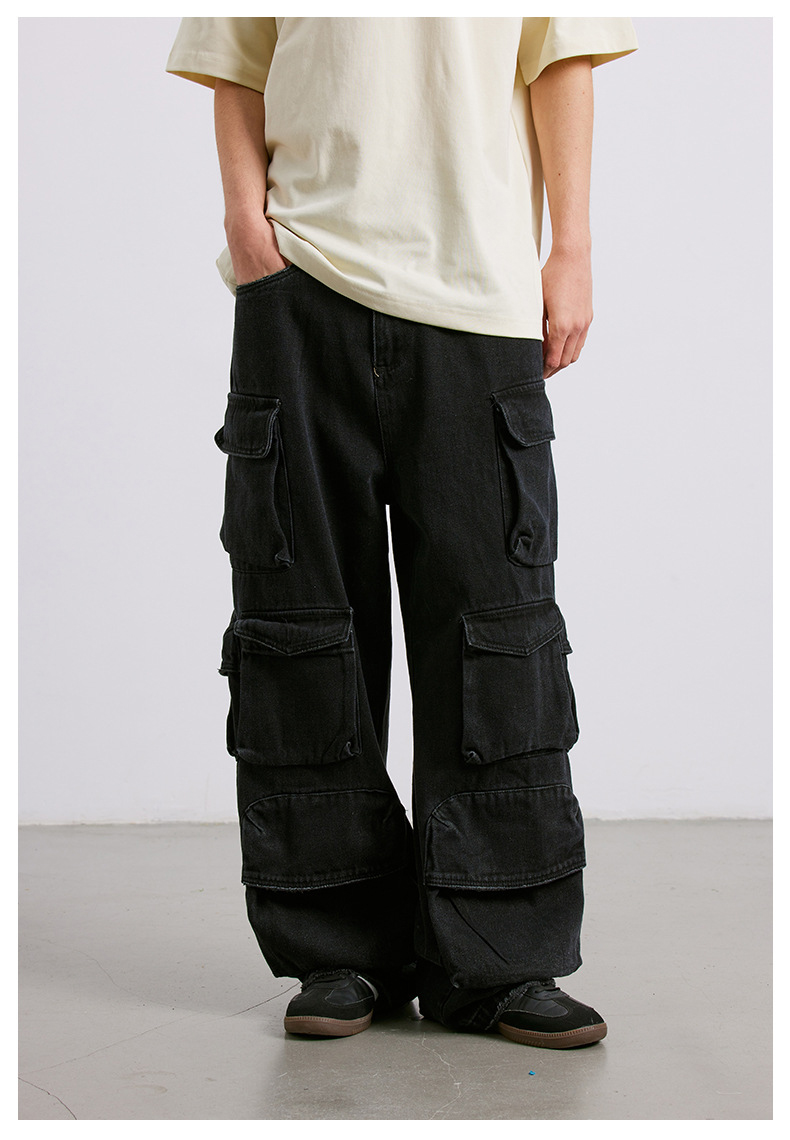 黒パンツ 多機能ポケット付き黒カーゴパンツ男女兼用