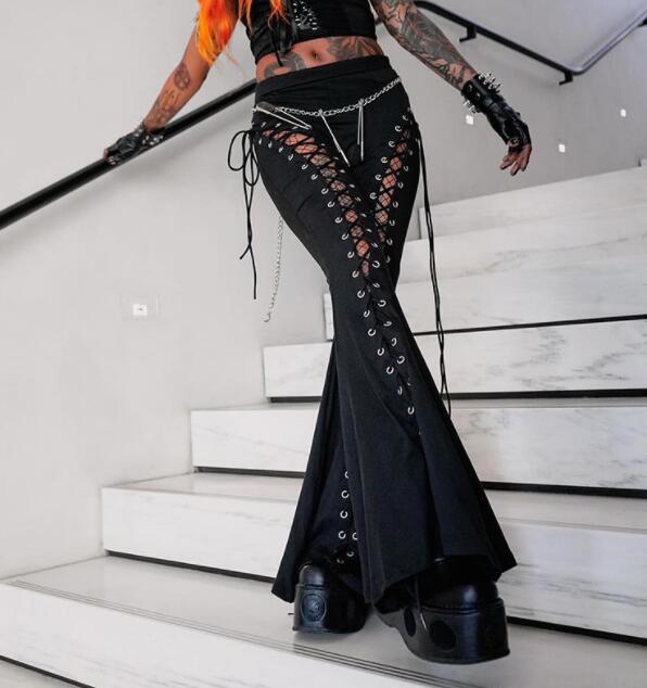 黒パンツ 暗黒系編み上げフレアパンツ ダンス衣装