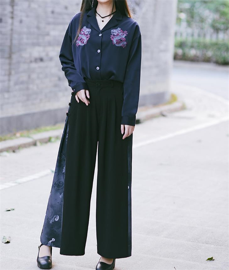 黒パンツ 黒ワイドパンツ 狐影柄 中国風改良版 秋向け