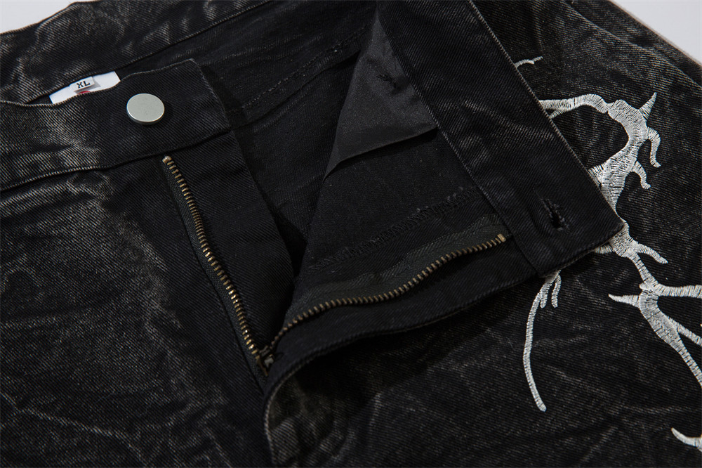 黒パンツ 雷刺繍入り黒デニムワイドパンツ男女兼用ベルボトム