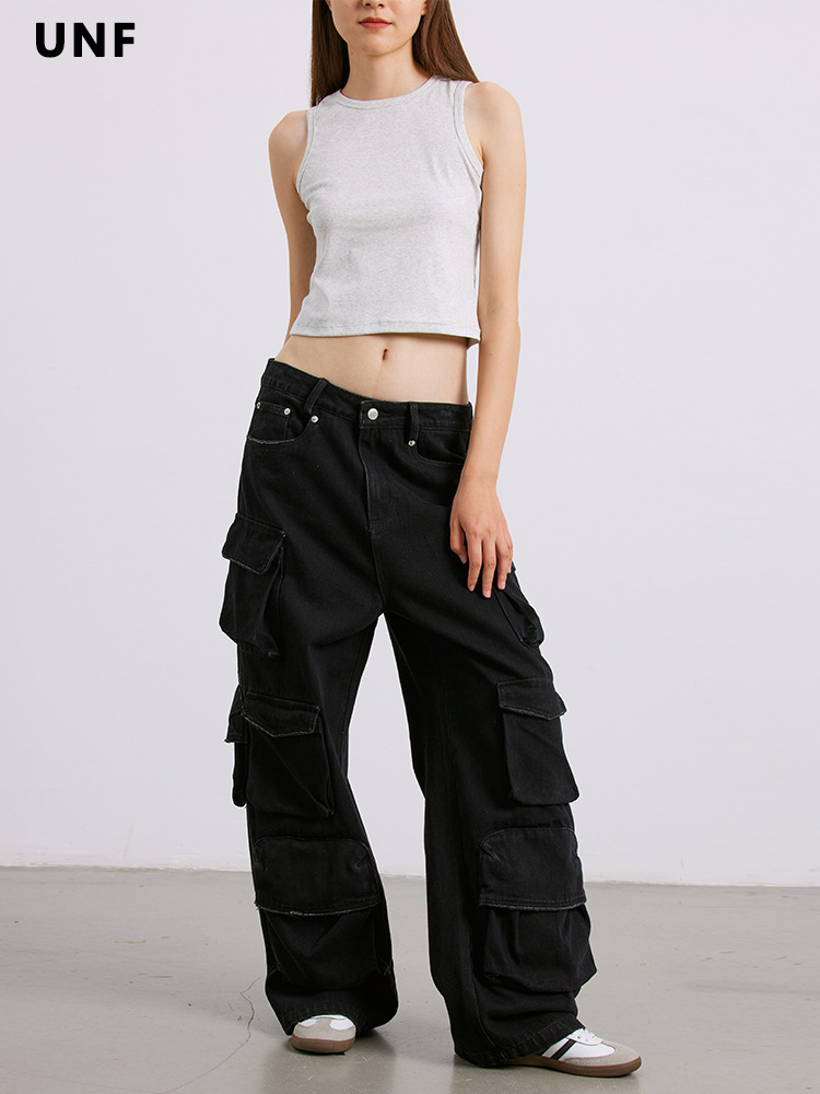 黒パンツ 多機能ポケット付き黒カーゴパンツ男女兼用