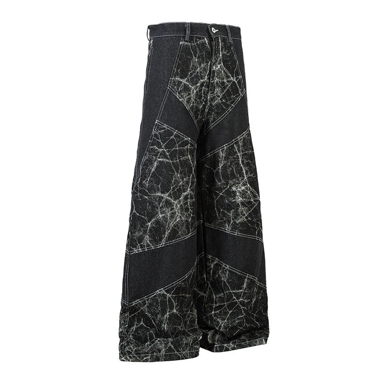 黒パンツ 男女兼用 黒デニム ワイドパンツ クラック柄 ヴィンテージ風