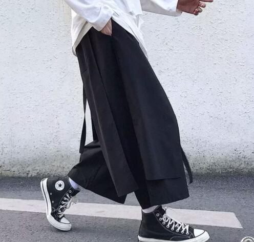 黒パンツ 暗黒系レイヤード九分丈ワイドパンツ