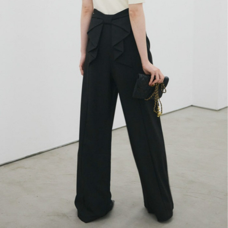 黒パンツ 韓国風レディースワイドパンツ リボンデザイン二色展開