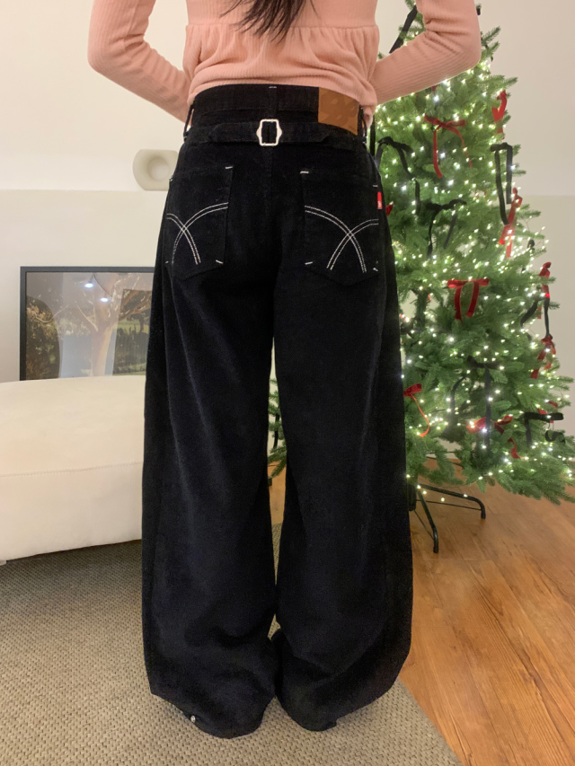 黒パンツ 秋冬新作黒デニムパンツワイドシルエット個性的ステッチ