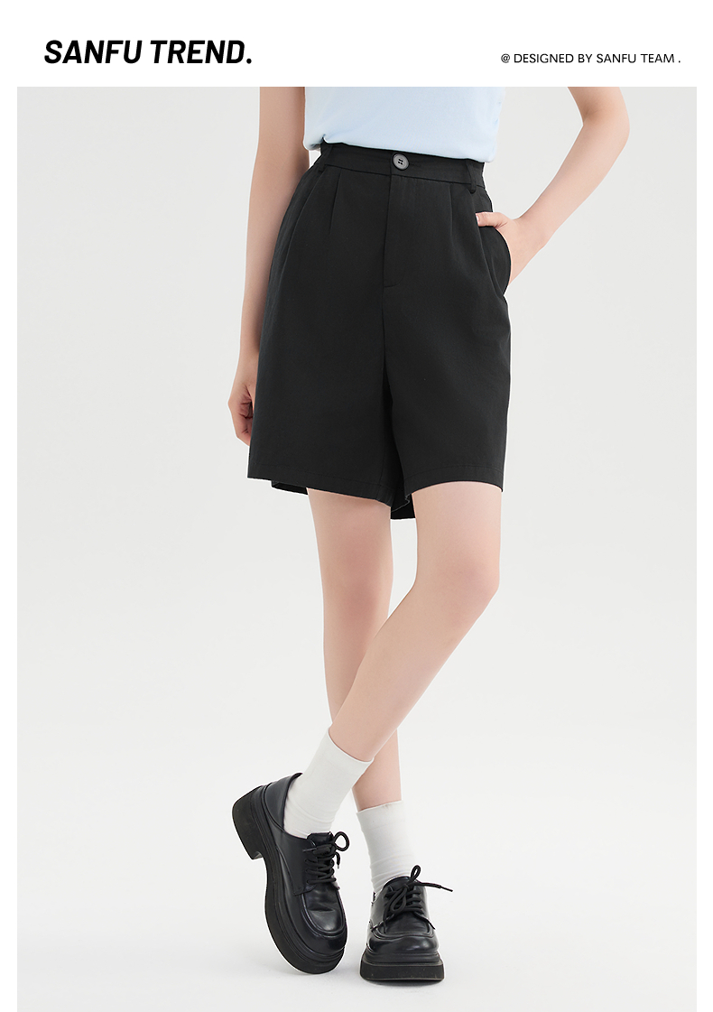 黒パンツ タックデザイン上品ショートパンツ
