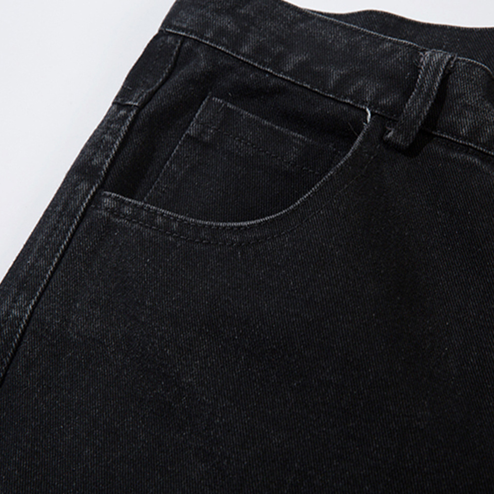 黒パンツ 刺繍入り黒デニムパンツ 男女兼用 ワイドフレア