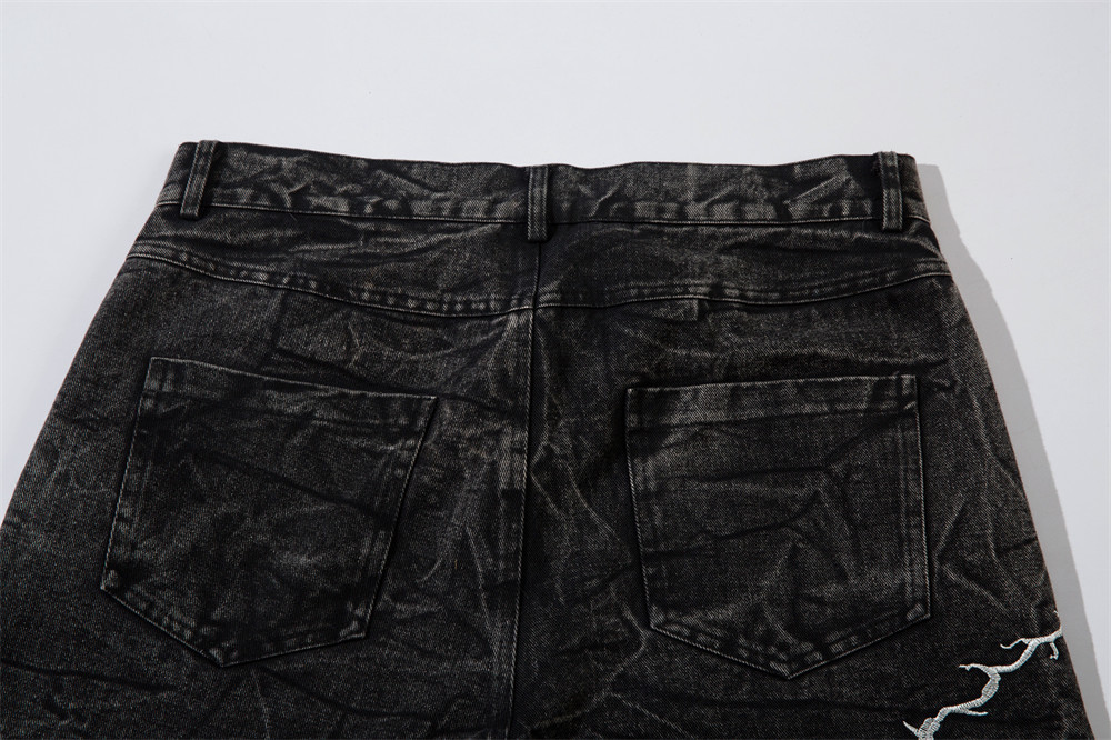 黒パンツ 雷刺繍入り黒デニムワイドパンツ男女兼用ベルボトム