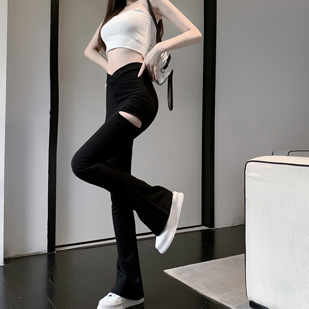 黒パンツ ダメージ加工フレアパンツ黒レディース美脚韓国風
