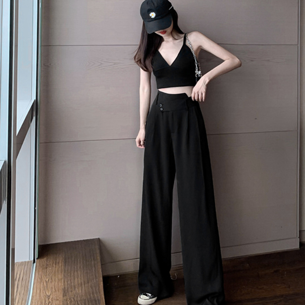 黒パンツ ハイウエストワイドパンツ レディース 黒 韓国風