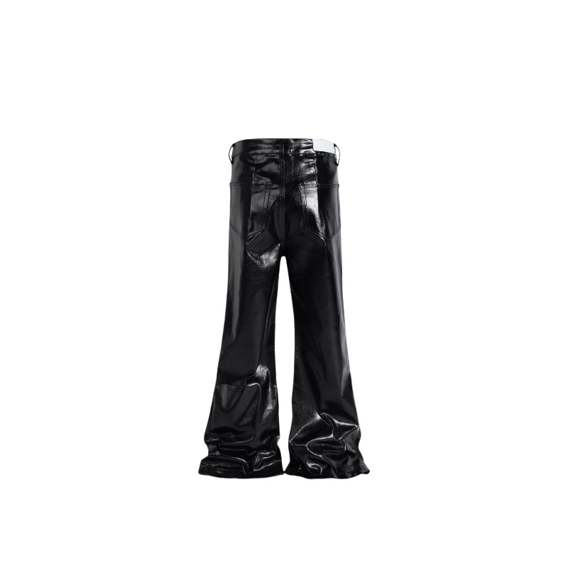 黒パンツ 男女兼用 ワーク風 黒レザー調 ベルボトム パンツ