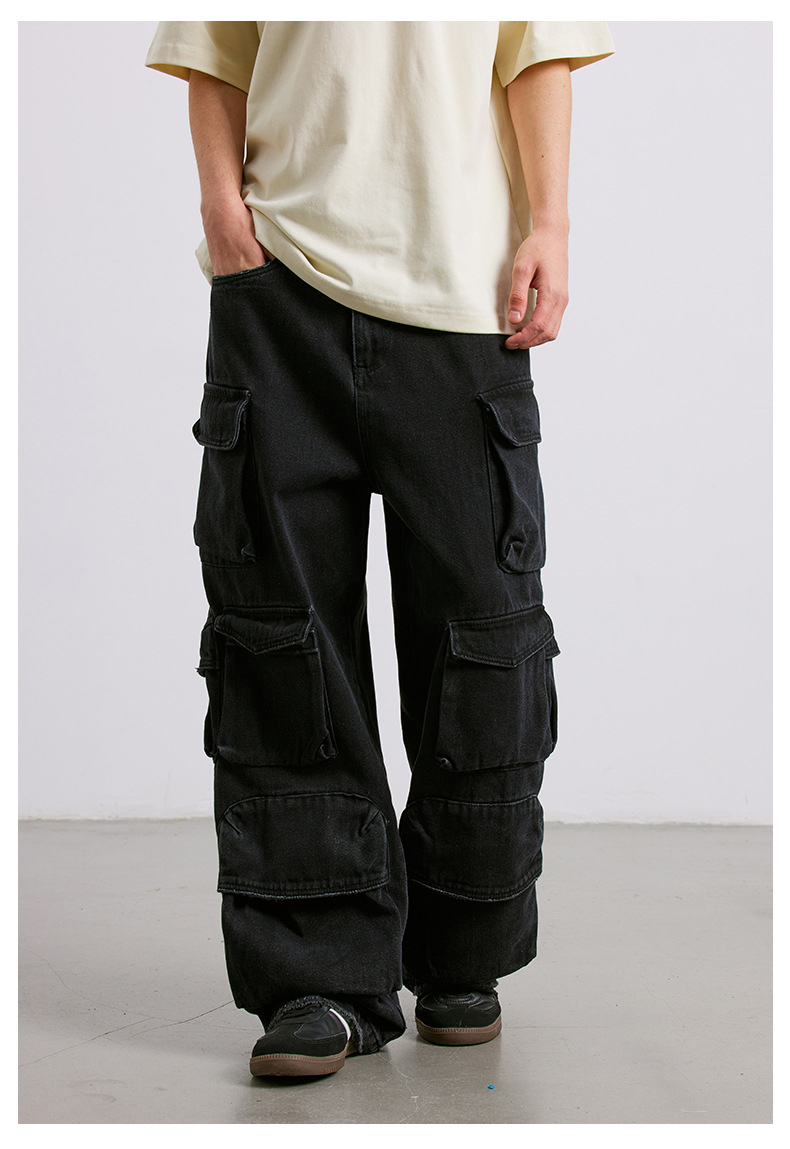 黒パンツ 多機能ポケット付き黒カーゴパンツ男女兼用