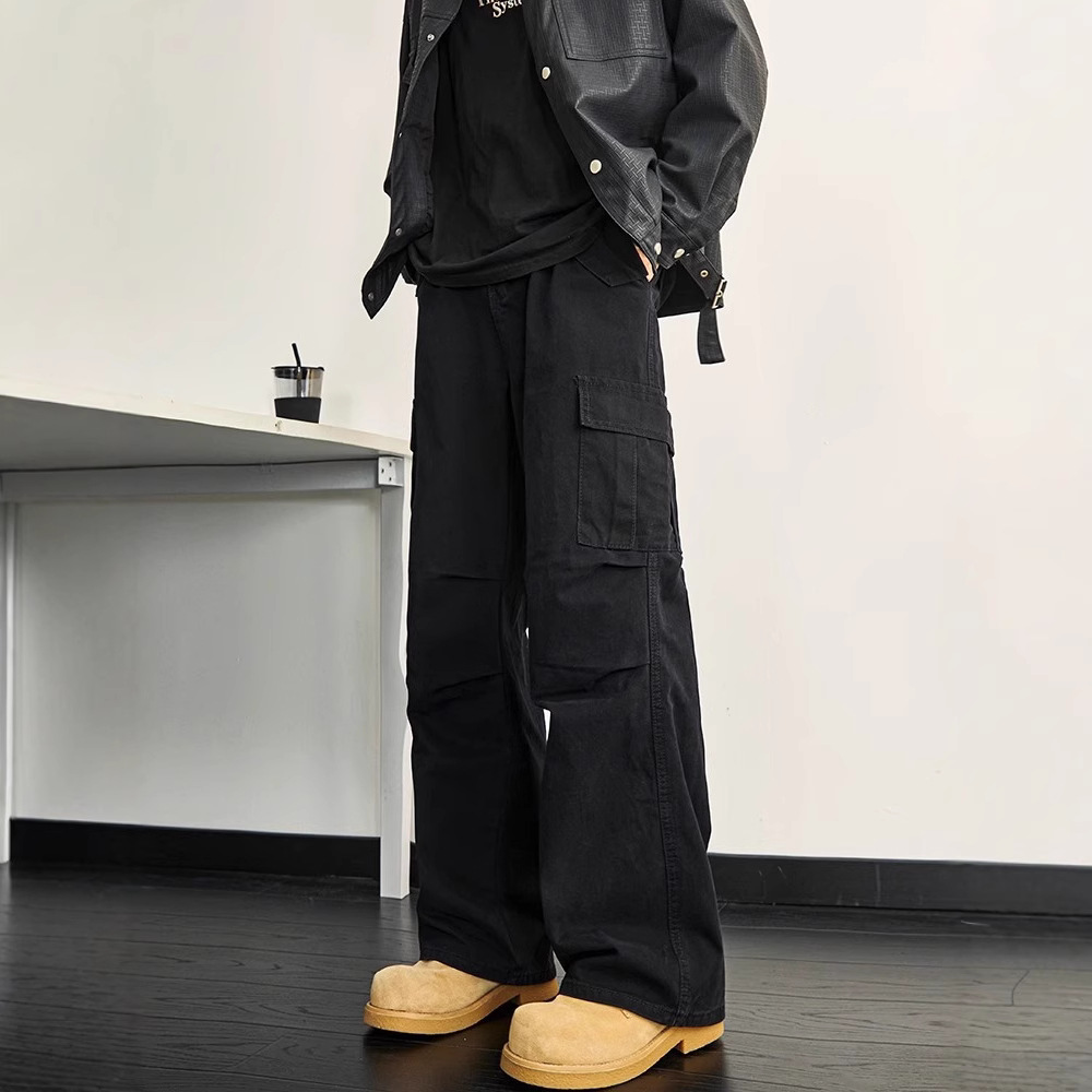 黒パンツ ワイドシルエット実用ポケットパンツ