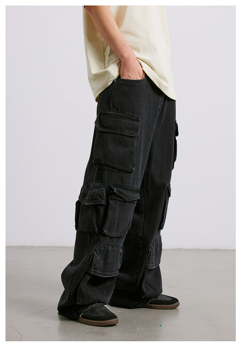 黒パンツ 多機能ポケット付き黒カーゴパンツ男女兼用