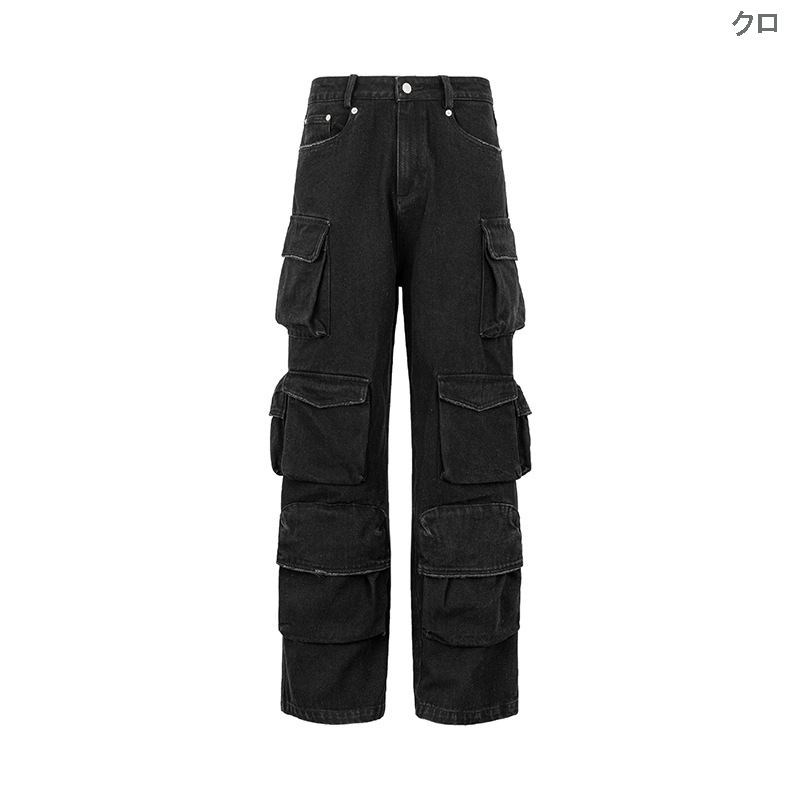 黒パンツ 多機能ポケット付き黒カーゴパンツ男女兼用