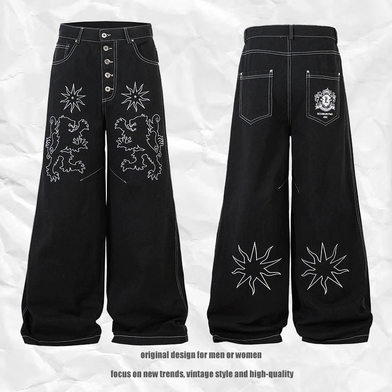 黒パンツ 刺繍入り黒デニムワイドパンツ男女兼用春秋新作
