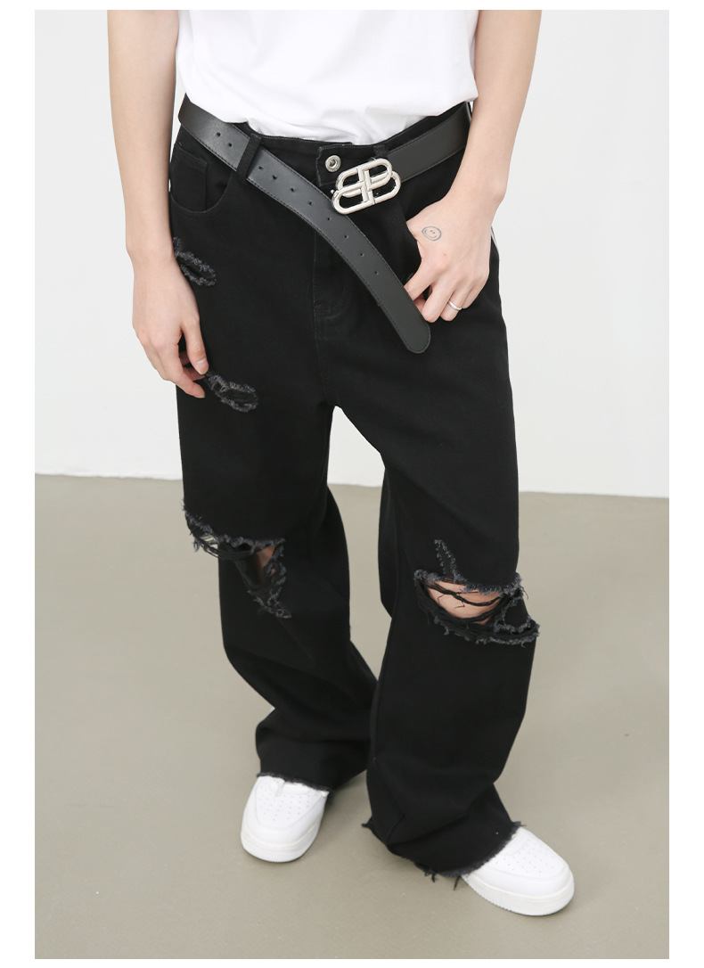 黒パンツ 黒デニム ダメージ加工 ヴィンテージ風 男女兼用 ワイドパンツ