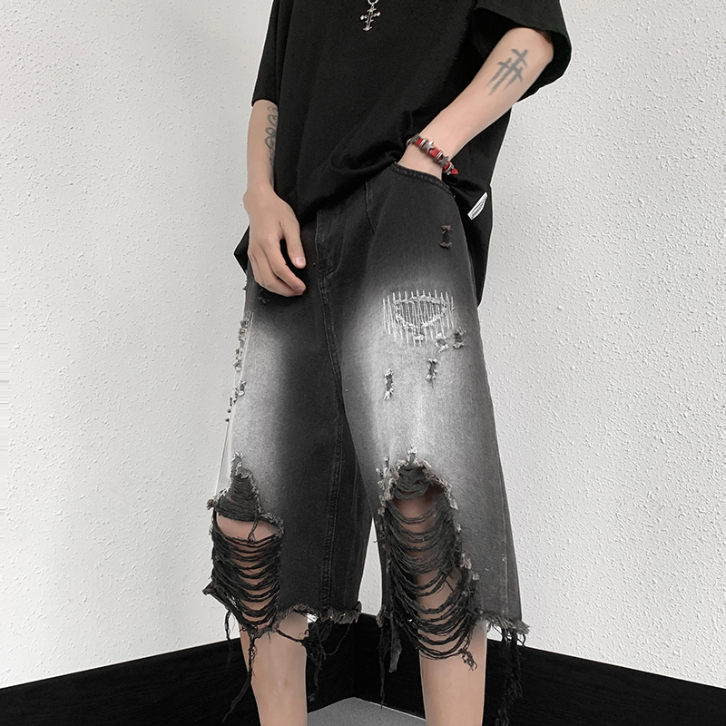 黒パンツ 黒ダメージデニム ハーフパンツ ワイドショートパンツ