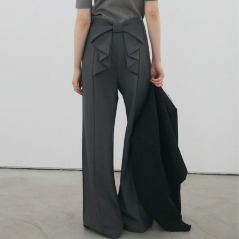 黒パンツ 韓国風レディースワイドパンツ リボンデザイン二色展開