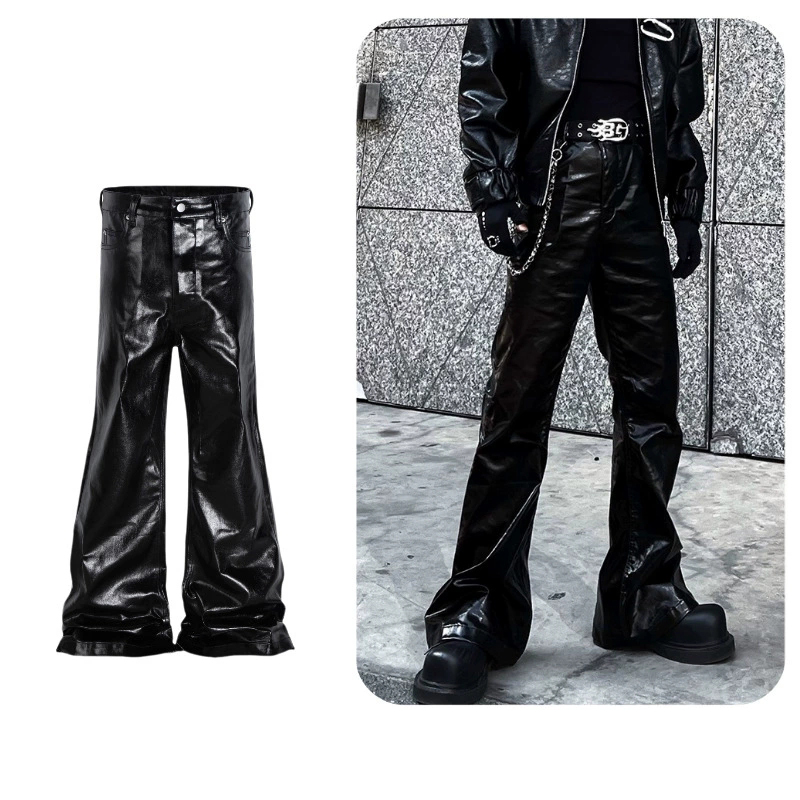 黒パンツ 男女兼用 ワーク風 黒レザー調 ベルボトム パンツ