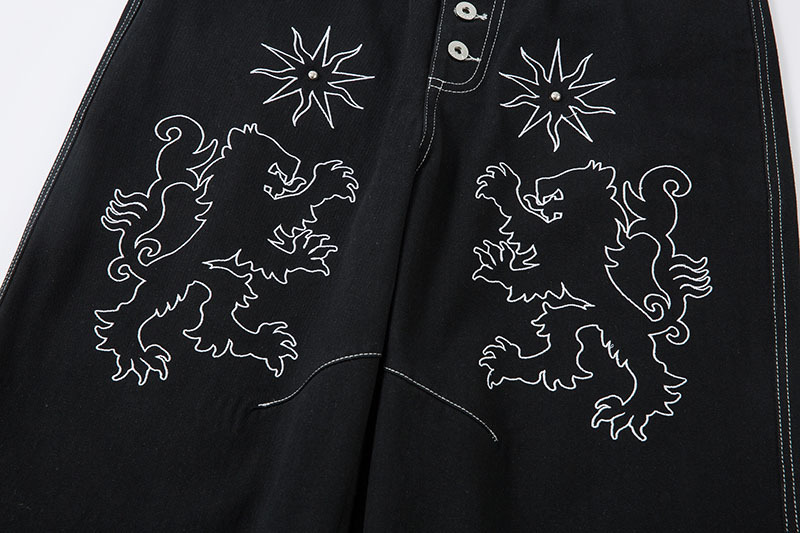 黒パンツ 刺繍入り黒デニムワイドパンツ男女兼用春秋新作