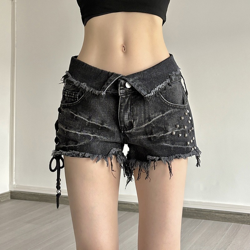 黒パンツ 黒デニム ダメージ加工 レースアップ ショートパンツ レディース