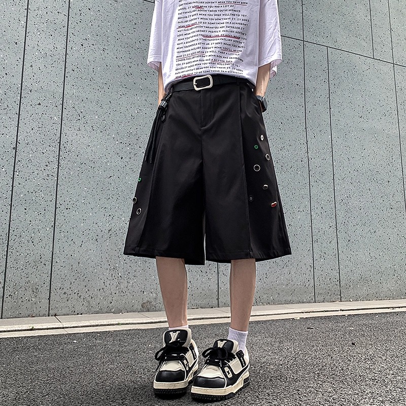 黒パンツ 黒 ワイドショートパンツ メンズ サイドベルト薄手