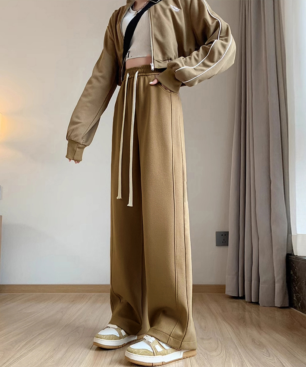 黒パンツ レディース ワイド リブ編みスウェットパンツ