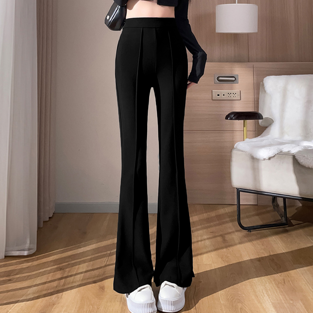 黒パンツ 黒セミフレアパンツ センタープレス きれいめ美脚