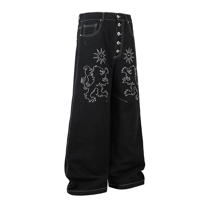 黒パンツ 刺繍入り黒デニムワイドパンツ男女兼用春秋新作