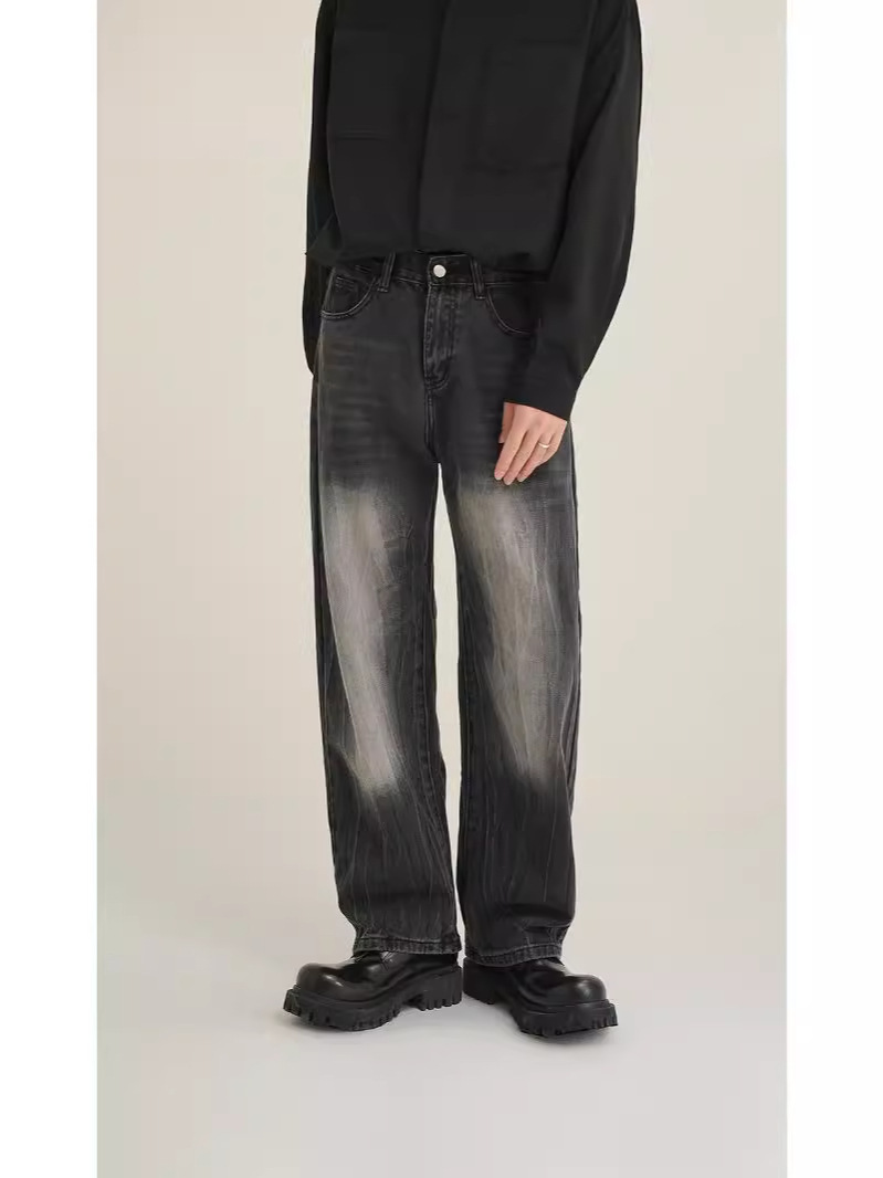 黒パンツ ヴィンテージ加工デニムワイドパンツ