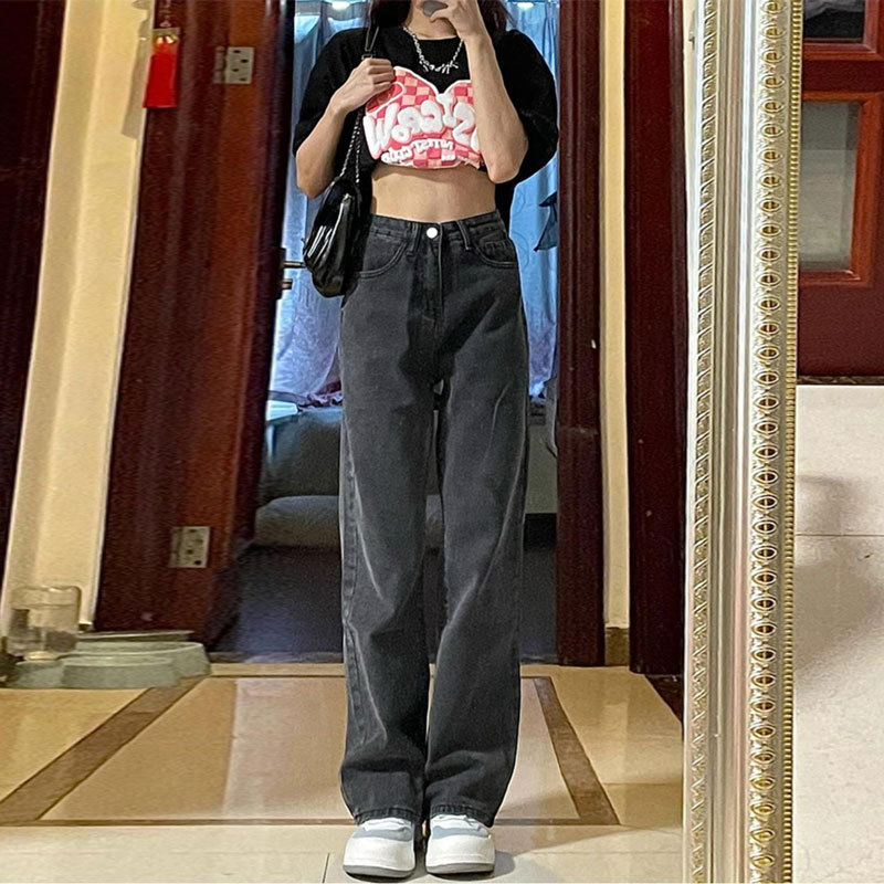 黒パンツ 古着風ゆったりストレートデニム