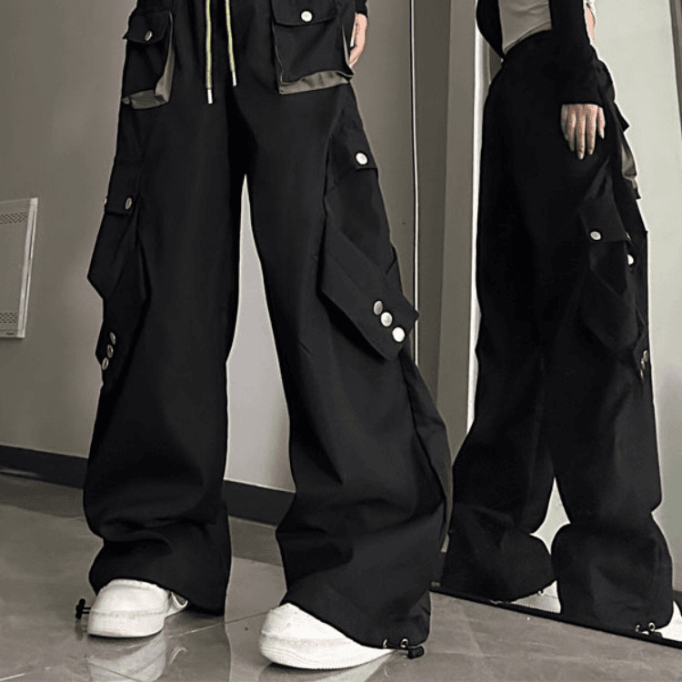黒パンツ 立体ポケット装飾ワイドパンツ