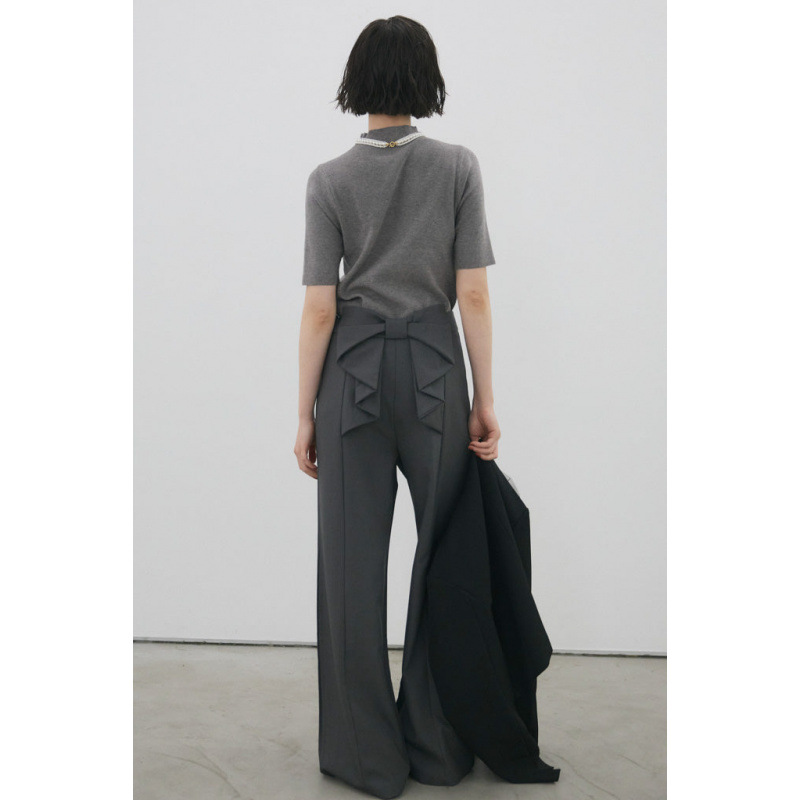 黒パンツ 韓国風レディースワイドパンツ リボンデザイン二色展開