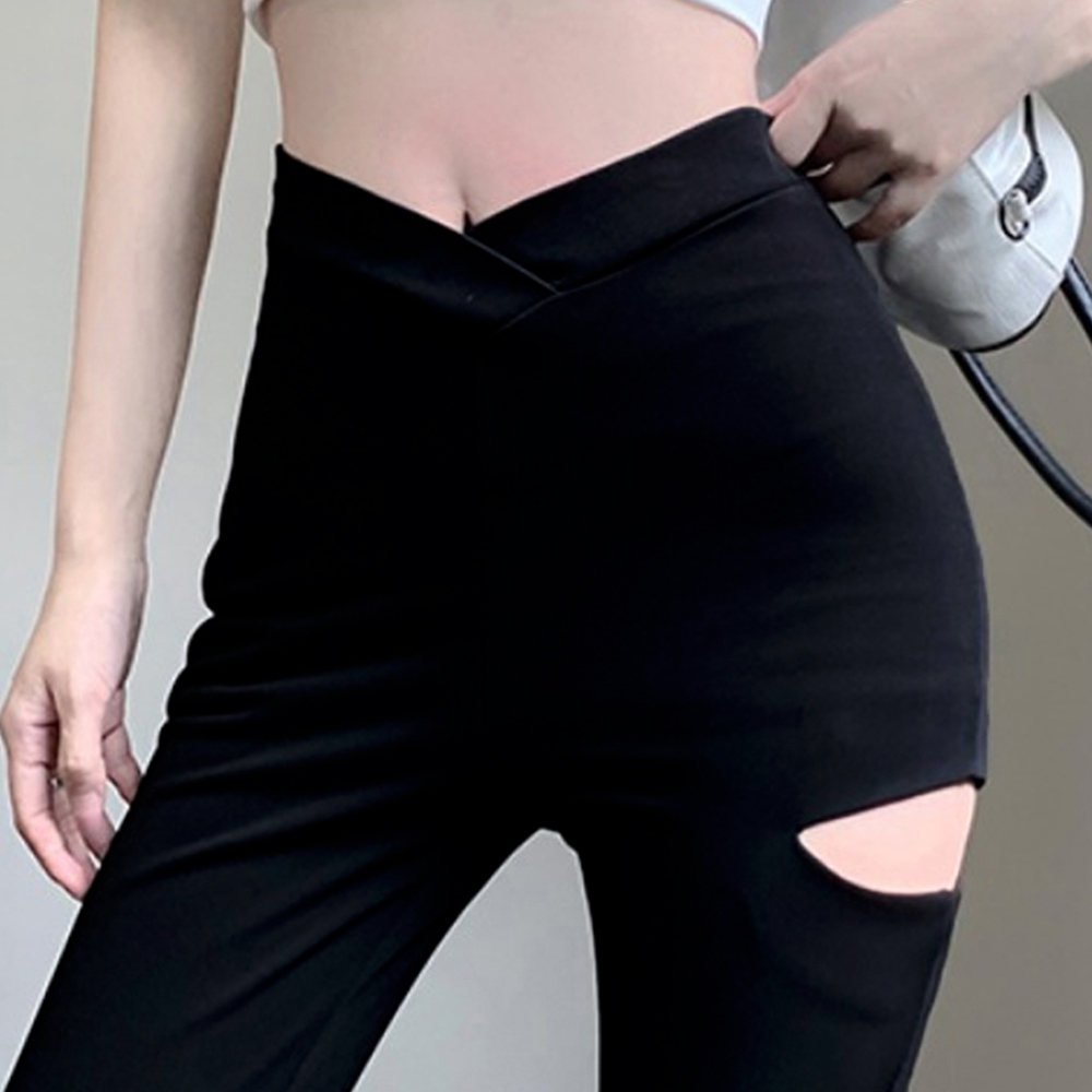 黒パンツ ダメージ加工フレアパンツ黒レディース美脚韓国風