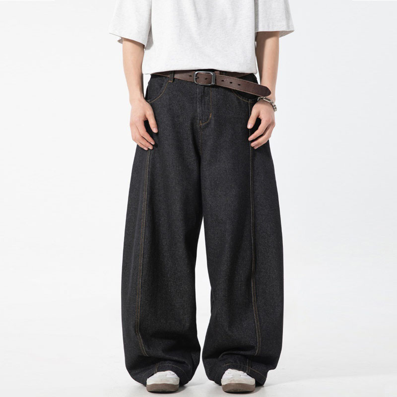 黒パンツ メンズ春夏新作黒デニムパンツ ワイド ハーフゴム仕様