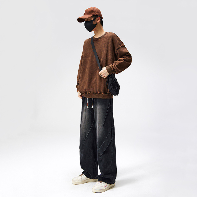 黒パンツ デザインステッチワイドデニムパンツ