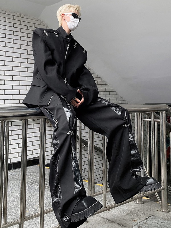 黒パンツ 合皮 ハイウエスト ストレート メンズ